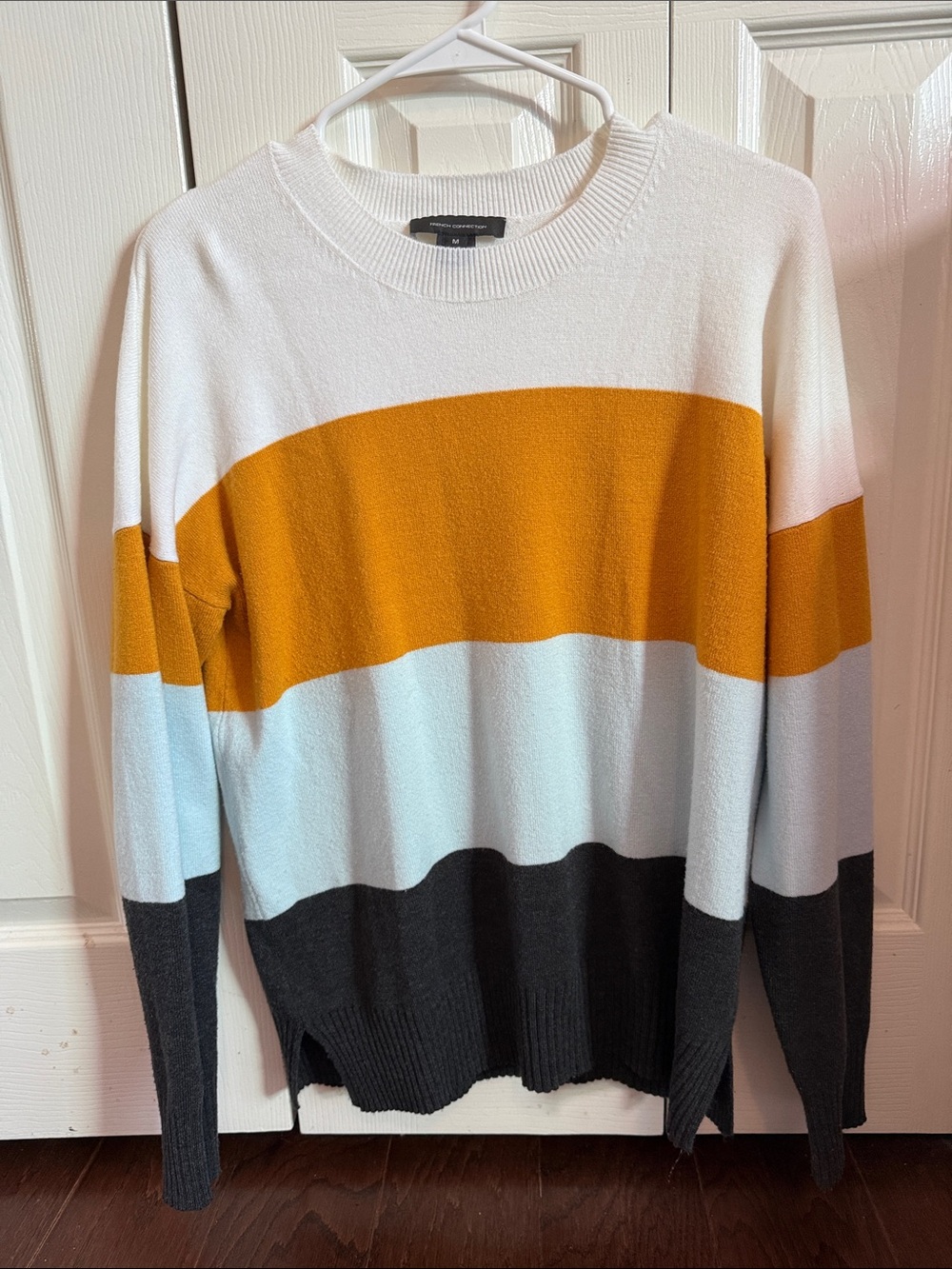 Men's Striped Crewneck Sweater in White, Mustard & Gray
